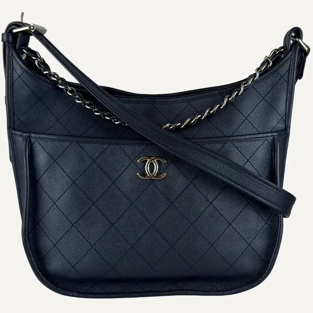 Chanel Jungle Stroll Hobo Bag Black Quilted Leather Silver CC Chain Strap Navy